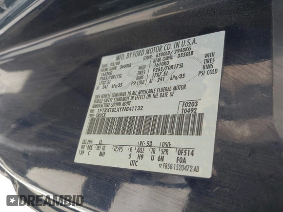 2000 Ford F-150 XL with VIN 1FTRX18LXYNB41132, listed as a IAAI auction lot 42173717 with Not provided miles and . Bid and sale history available at DreamBid. Image 9.