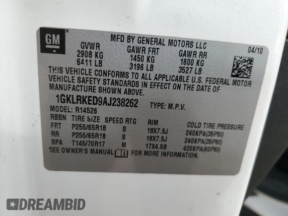 2010 GMC Acadia SL with VIN 1GKLRKED9AJ238262, listed as a Copart auction lot 45096375 with 176,309 mi miles and Salvage Title. Bid and sale history available at carsss.com. Image 16.