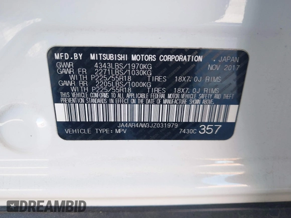 2018 Mitsubishi Outlander SEL with VIN JA4AR4AW3JZ031979, listed as a IAAI auction lot 42086210 with 70,632 mi miles and . Bid and sale history available at DreamBid. Image 9.