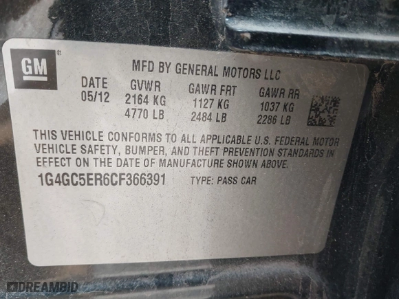 2012 Buick LaCrosse Leather with VIN 1G4GC5ER6CF366391, listed as a IAAI auction lot 41517191 with 142,622 mi miles. Bid and sale history available at carsss.com. Image 9.