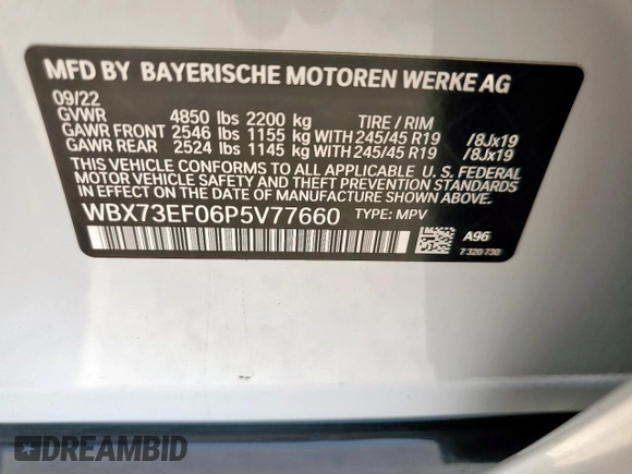 2023 BMW X1 xDrive28i with VIN WBX73EF06P5V77660, listed as a Copart auction lot 57342015 with 32,028 mi miles and Salvage title. Bid and sale history available at DreamBid. Image 13.