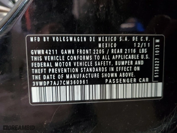 2012 Volkswagen Jetta Sedan SE w/Convenience & Sunroof PZEV with VIN 3VWDP7AJ7CM360961, listed as a Copart auction lot 47606865 with 180,611 mi miles and Salvage Title. Bid and sale history available at carsss.com. Image 14.