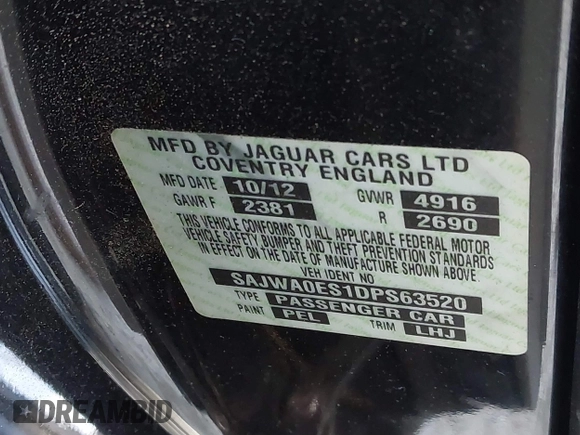 2013 Jaguar XF I4 RWD with VIN SAJWA0ES1DPS63520, listed as a IAAI auction lot 41862976 with 1 mi miles. Bid and sale history available at carsss.com. Image 9.
