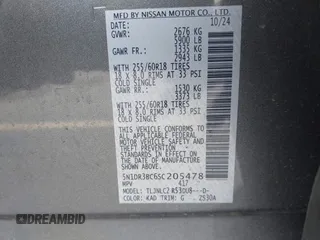 2025 Nissan Pathfinder SV with VIN 5N1DR3BC6SC205478, listed as a IAAI auction lot 42719067 with 26,744 mi miles and . Bid and sale history available at DreamBid. Image 9.