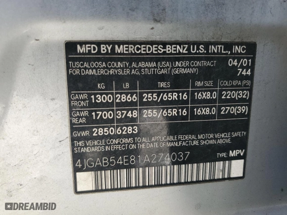 2001 Mercedes-Benz M-Class with VIN 4JGAB54E81A274037, listed as a Copart auction lot 76555544 with 202,446 mi miles and Salvage Title. Bid and sale history available at carsss.com. Image 15.