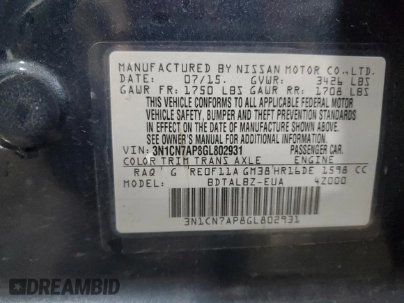 2016 Nissan Versa S with VIN 3N1CN7AP8GL802931, listed as a Copart auction lot 60459265 with 132,822 mi miles and Salvage title. Bid and sale history available at DreamBid. Image 12.