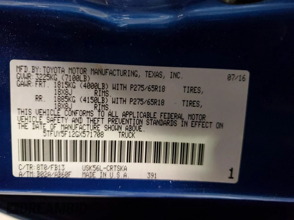 2016 Toyota Tundra 4WD Truck SR with VIN 5TFUY5F12GX571708, listed as a Copart auction lot 70314302 with 92,113 mi miles. Bid and sale history available at carsss.com. Image 12.