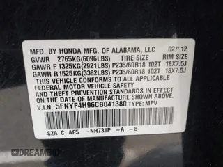 2012 Honda Pilot Touring with VIN 5FNYF4H96CB041380, listed as a IAAI auction lot 41941615 with 137,537 mi miles and . Bid and sale history available at DreamBid. Image 9.