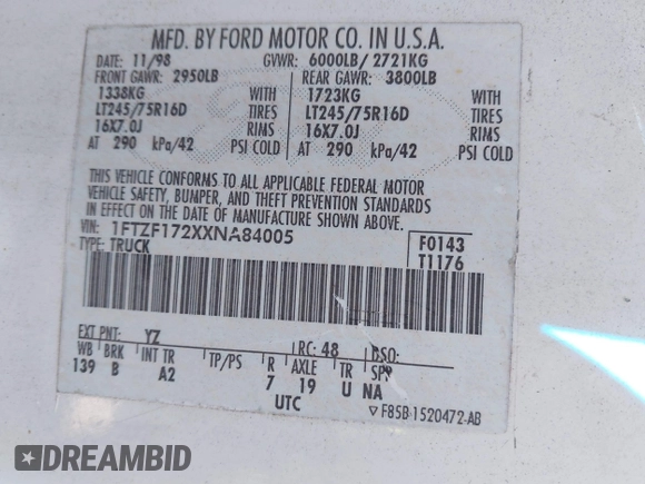1999 Ford F-150 с VIN 1FTZF172XXNA84005, выставлен на аукционе IAAI как лот 41683608 с пробегом 289 294 миль миль и . История ставок и продаж доступна на DreamBid. Изображение 9.