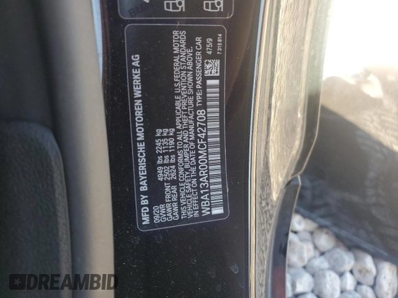 2021 BMW 4 Series M440i xDrive with VIN WBA13AR00MCF42708, listed as a Copart auction lot 85900144 with Not Provided miles and Salvage Title. Bid and sale history available at DreamBid. Image 14.