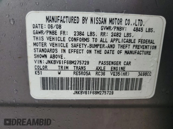 2008 Infiniti G35 x with VIN JNKBV61F68M275729, listed as a Copart auction lot 70306444 with 202,183 mi miles and Salvage Title. Bid and sale history available at DreamBid. Image 14.
