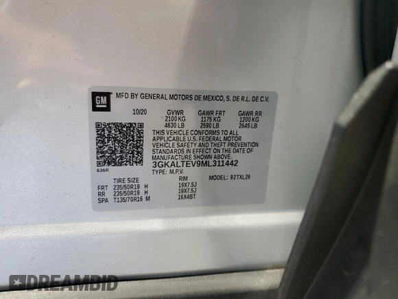 2021 GMC Terrain SLE with VIN 3GKALTEV9ML311442, listed as a Copart auction lot 55128675 with 43,790 mi miles and Salvage title. Bid and sale history available at DreamBid. Image 13.