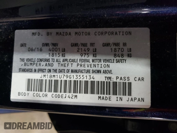 2016 Mazda 3 i Sport with VIN JM1BM1U79G1355134, listed as a Copart auction lot 55885965 with 66,375 mi miles and Salvage Title. Bid and sale history available at DreamBid. Image 12.