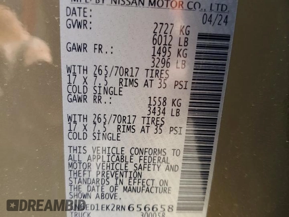 2024 Nissan Frontier Pro-4X with VIN 1N6ED1EK2RN656658, listed as a Copart auction lot 48798475 with 45 mi miles and Salvage title. Bid and sale history available at DreamBid. Image 12.