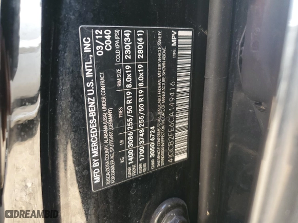 2012 Mercedes-Benz R-Class R 350 BlueTEC with VIN 4JGCB2FE6CA149416, listed as a Copart auction lot 68062084 with 81,941 mi miles and Salvage Title. Bid and sale history available at carsss.com. Image 12.