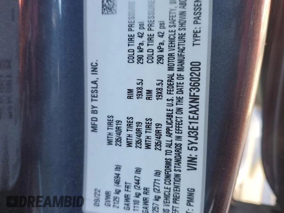 2022 Tesla Model 3 with VIN 5YJ3E1EAXNF360200, listed as a Copart auction lot 44463735 with 86,880 mi miles and Salvage Title. Bid and sale history available at DreamBid. Image 14.