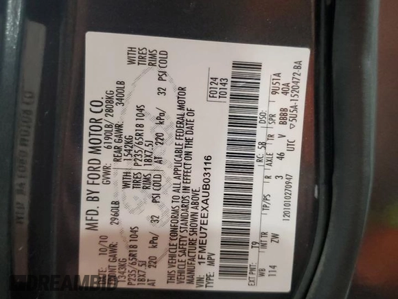 2010 Ford Explorer Eddie Bauer z VIN 1FMEU7EEXAUB03116, wystawiony jako Copart lot #56654435 z przebiegiem 175 866 mil mil oraz Szkoda całkowita • Salvage title. Historia ofert i sprzedaży dostępna na DreamBid. Obrazek 14.