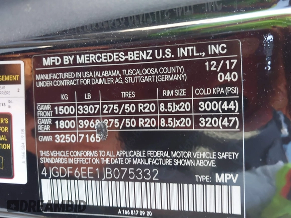 2018 Mercedes-Benz GLS 450 with VIN 4JGDF6EE1JB075332, listed as a IAAI auction lot 42120007 with 111,559 mi miles and . Bid and sale history available at DreamBid. Image 9.