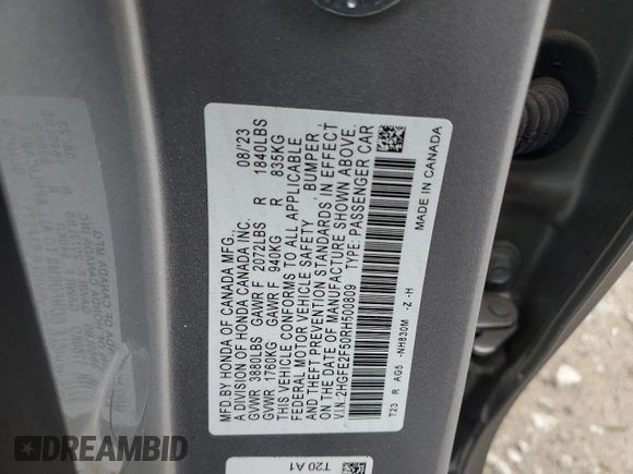 2024 Honda Civic Sport with VIN 2HGFE2F50RH500809, listed as a Copart auction lot 55809535 with 1,258 mi miles and Salvage Title. Bid and sale history available at DreamBid. Image 12.