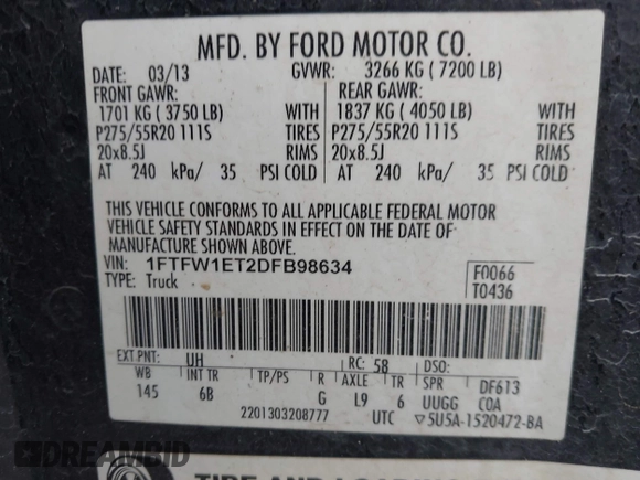 2013 Ford F-150 XL with VIN 1FTFW1ET2DFB98634, listed as a IAAI auction lot 42016749 with 158,056 mi miles. Bid and sale history available at carsss.com. Image 9.