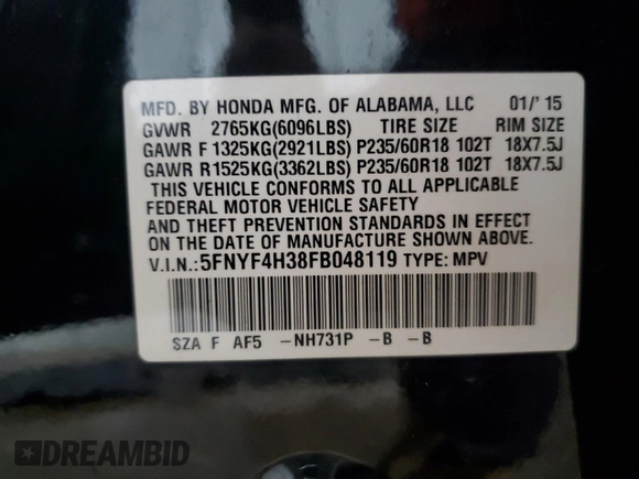 2015 Honda Pilot SE z VIN 5FNYF4H38FB048119, wystawiony jako Copart lot #55395945 z przebiegiem 92 589 mil mil oraz Szkoda całkowita • Salvage title. Historia ofert i sprzedaży dostępna na DreamBid. Obrazek 13.