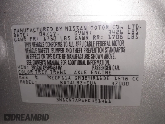 2017 Nissan Versa SV z VIN 3N1CN7AP6HK451461, wystawiony jako IAAI lot #41353549 z przebiegiem 108 075 mil mil oraz . Historia ofert i sprzedaży dostępna na DreamBid. Obrazek 9.