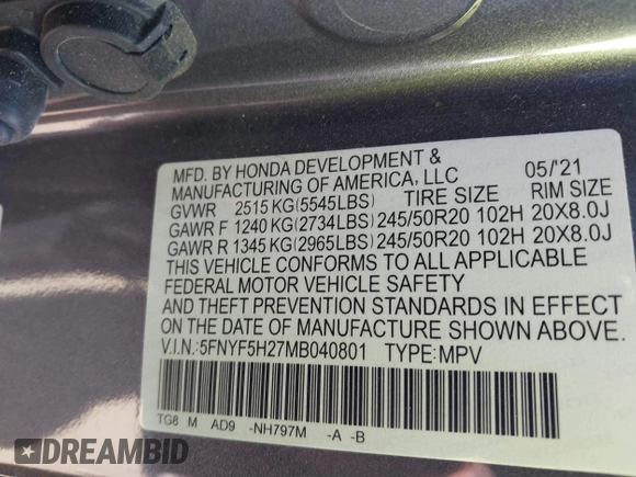 2021 Honda Pilot Special Edition with VIN 5FNYF5H27MB040801, listed as a IAAI auction lot 41656669 with 54,764 mi miles and . Bid and sale history available at DreamBid. Image 9.