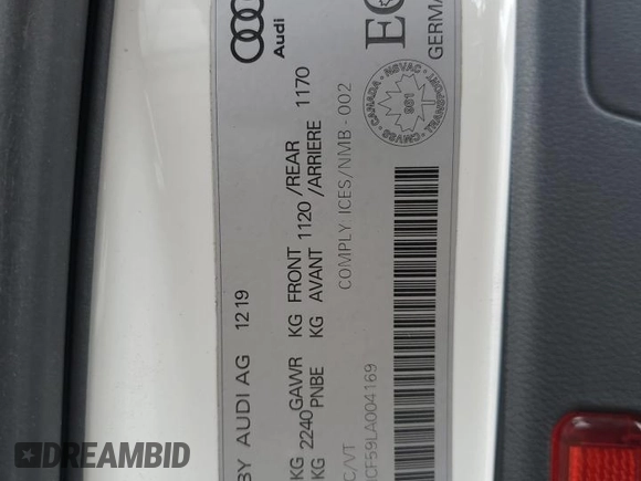 2020 Audi A5 Sportback Prestige с VIN WAUFNCF59LA004169, выставлен на аукционе Copart как лот 55971795 с пробегом 92 672 миль миль и Списание • Salvage title. История ставок и продаж доступна на DreamBid. Изображение 13.