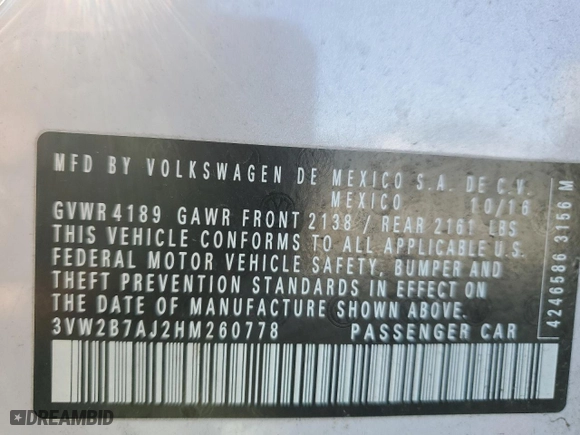 2017 Volkswagen Jetta 1.4T S with VIN 3VW2B7AJ2HM260778, listed as a Copart auction lot 89210895 with 125,306 mi miles and Salvage Title. Bid and sale history available at carsss.com. Image 15.