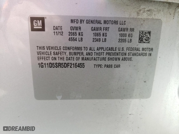 2013 Chevrolet Malibu ECO with VIN 1G11D5SR5DF216455, listed as a Copart auction lot 49418555 with 183,048 mi miles and Clean Title. Bid and sale history available at carsss.com. Image 12.