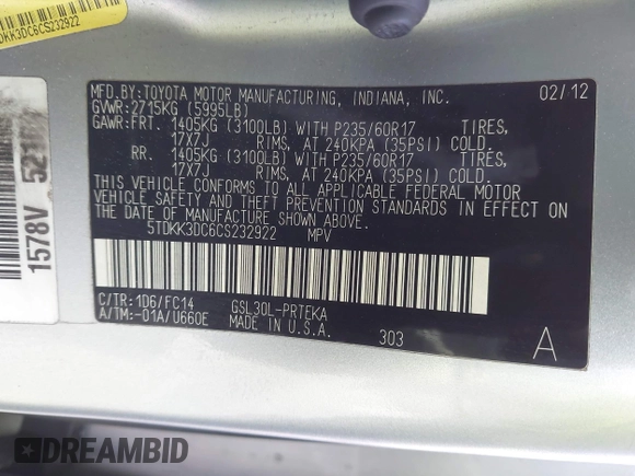 2012 Toyota Sienna LE AAS with VIN 5TDKK3DC6CS232922, listed as a IAAI auction lot 41913060 with 78,709 mi miles and . Bid and sale history available at DreamBid. Image 9.