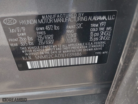 2020 Hyundai Santa Fe SE with VIN 5NMS2CAD1LH139886, listed as a IAAI auction lot 41814783 with 33,754 mi miles. Bid and sale history available at carsss.com. Image 9.