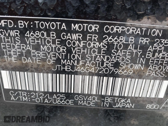 2007 Lexus ES 350 with VIN JTHBJ46G472079669, listed as a IAAI auction lot 42155702 with 169,470 mi miles. Bid and sale history available at carsss.com. Image 9.