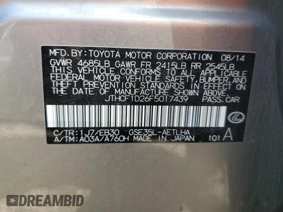 2015 Lexus IS 250 with VIN JTHCF1D26F5017439, listed as a Copart auction lot 62004435 with 99,127 mi miles and Salvage title. Bid and sale history available at DreamBid. Image 12.