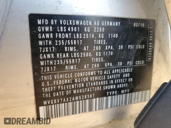 2010 Volkswagen Tiguan SEL with VIN WVGBV7AX2AW528387, listed as a Copart auction lot 87952095 with 110,249 mi miles and Non Repairable. Bid and sale history available at DreamBid. Image 13.