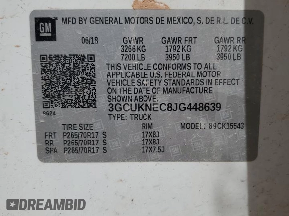 2018 Chevrolet Silverado 1500 Work Truck with VIN 3GCUKNEC8JG448639, listed as a Copart auction lot 54862305 with Not Provided miles and Clean Title. Bid and sale history available at DreamBid. Image 12.