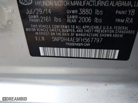 2015 Hyundai Elantra SE with VIN 5NPDH4AE9FH567797, listed as a IAAI auction lot 41175638 with 100,029 mi miles. Bid and sale history available at carsss.com. Image 9.
