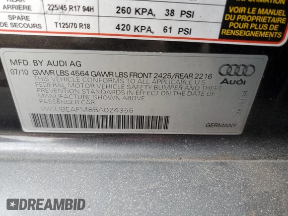 2011 Audi A3 Premium with VIN WAUBEAFM8BA024356, listed as a Copart auction lot 47540545 with 127,355 mi miles and Salvage title. Bid and sale history available at DreamBid. Image 12.