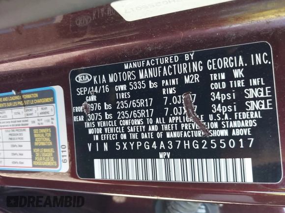 2017 Kia Sorento LX with VIN 5XYPG4A37HG255017, listed as a IAAI auction lot 42090967 with 122,021 mi miles. Bid and sale history available at carsss.com. Image 9.