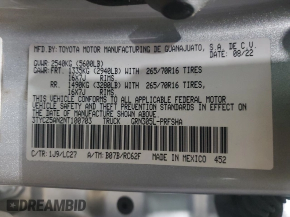 2022 Toyota Tacoma SR with VIN 3TYCZ5AN2NT100703, listed as a Copart auction lot 47175725 with 6,655 mi miles and Clean title. Bid and sale history available at DreamBid. Image 13.