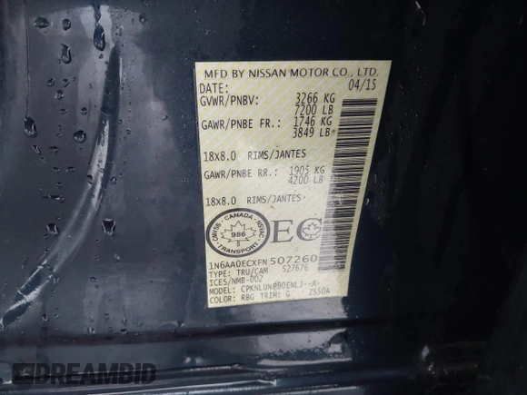 2015 Nissan Titan SV z VIN 1N6AA0ECXFN507260, wystawiony jako IAAI lot #41203612 z przebiegiem 103 000 mil mil oraz . Historia ofert i sprzedaży dostępna na DreamBid. Obrazek 9.