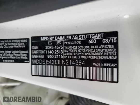 2015 Mercedes-Benz CLA 45 AMG with VIN WDDSJ5CB3FN214384, listed as a Copart auction lot 72175293 with 19,991 mi miles and . Bid and sale history available at DreamBid. Image 12.