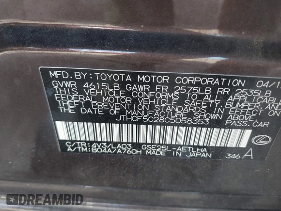 2012 Lexus IS 250 with VIN JTHCF5C28C5058353, listed as a IAAI auction lot 42096615 with 147,223 mi miles and . Bid and sale history available at DreamBid. Image 9.