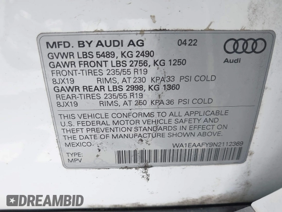 2022 Audi Q5 S line Premium Plus with VIN WA1EAAFY9N2112369, listed as a IAAI auction lot 42604571 with 58,303 mi miles and . Bid and sale history available at DreamBid. Image 9.