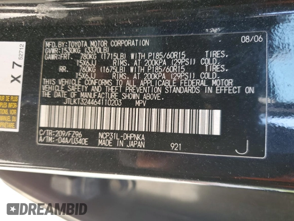 2006 Scion xB with VIN JTLKT324464110203, listed as a Copart auction lot 52178655 with 194,685 mi miles and Non Repairable. Bid and sale history available at carsss.com. Image 12.
