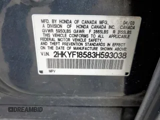 2003 Honda Pilot EX z VIN 2HKYF18583H593038, wystawiony jako Copart lot #59750725 z przebiegiem 249 921 mil mil oraz Czysty tytuł • Clean title. Historia ofert i sprzedaży dostępna na DreamBid. Obrazek 13.