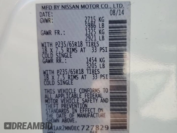 2014 Nissan Pathfinder Platinum z VIN 5N1AR2MN0EC727829, wystawiony jako Copart lot #55010735 z przebiegiem 173 398 mil mil oraz Szkoda całkowita • Salvage title. Historia ofert i sprzedaży dostępna na DreamBid. Obrazek 13.