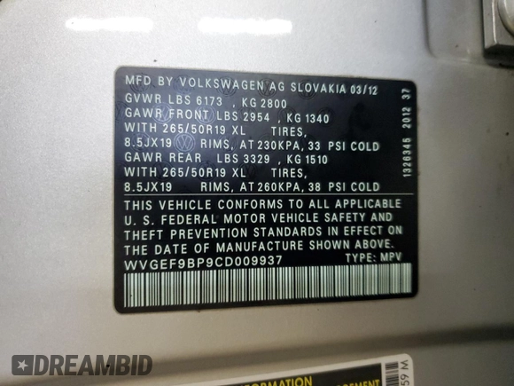 2012 Volkswagen Touareg Exec with VIN WVGEF9BP9CD009937, listed as a Copart auction lot 84596364 with 97,431 mi miles and Clean Title. Bid and sale history available at DreamBid. Image 13.