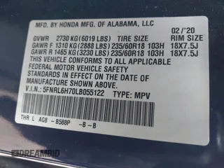 2020 Honda Odyssey EX-L with VIN 5FNRL6H70LB055122, listed as a IAAI auction lot 41620219 with 129,582 mi miles. Bid and sale history available at carsss.com. Image 9.