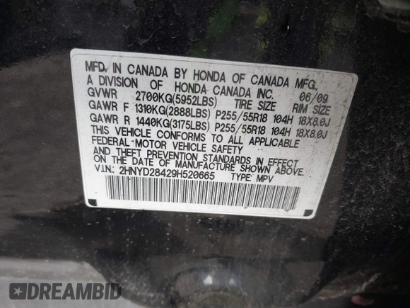 2009 Acura MDX Tech/Entertainment Pkg with VIN 2HNYD28429H520665, listed as a IAAI auction lot 41465563 with 127,666 mi miles. Bid and sale history available at carsss.com. Image 9.